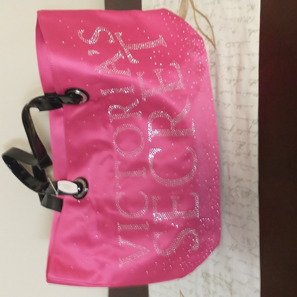 🌠HP🌠 NWT VS Pink Satin & Rhinestone Travel Tote W/Patent Leather Handles